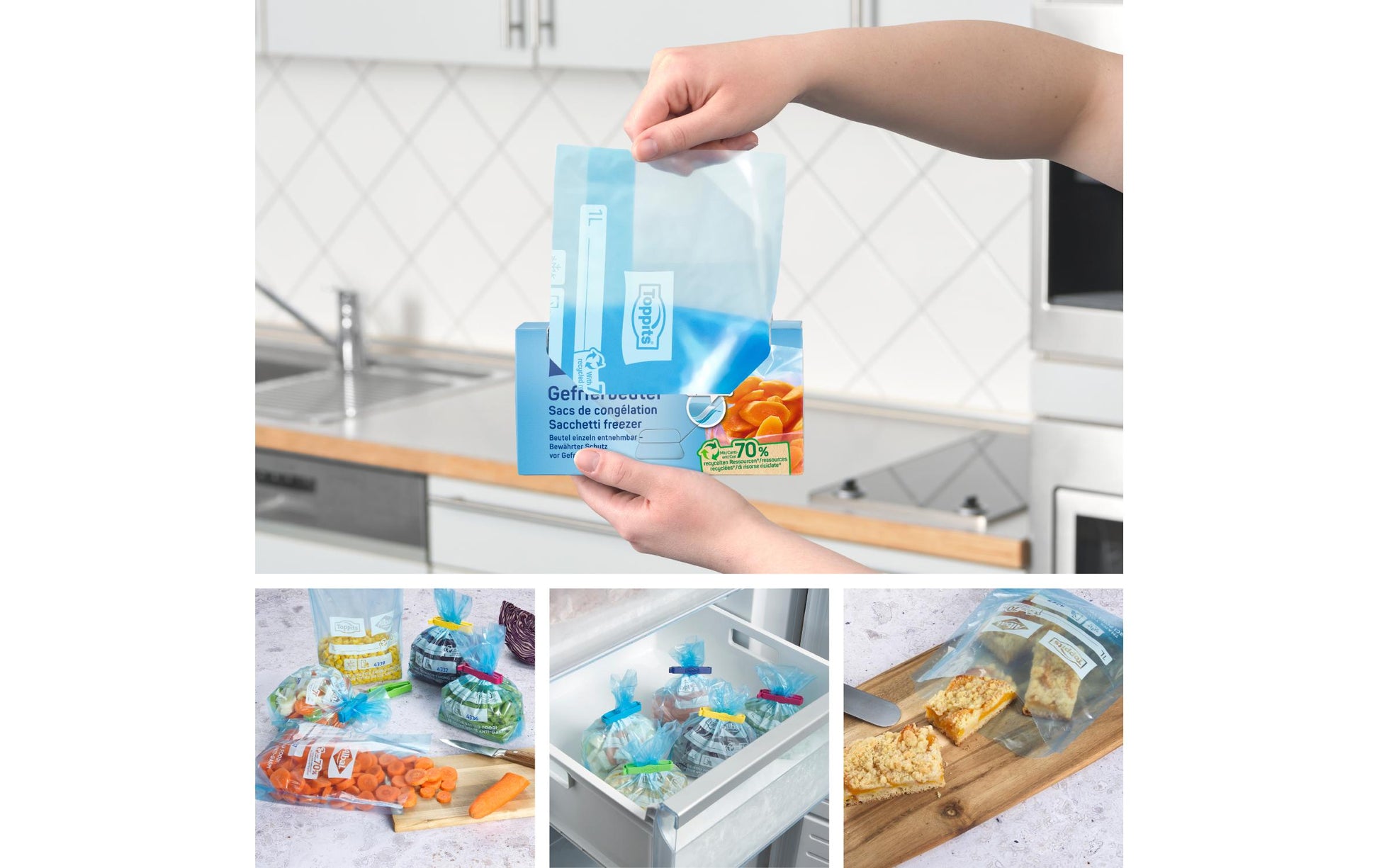 Toppits Gefrierbeutel 1 l, 19 × 20 cm, Polyethylen (PE), 40 Stk., durchscheinend
