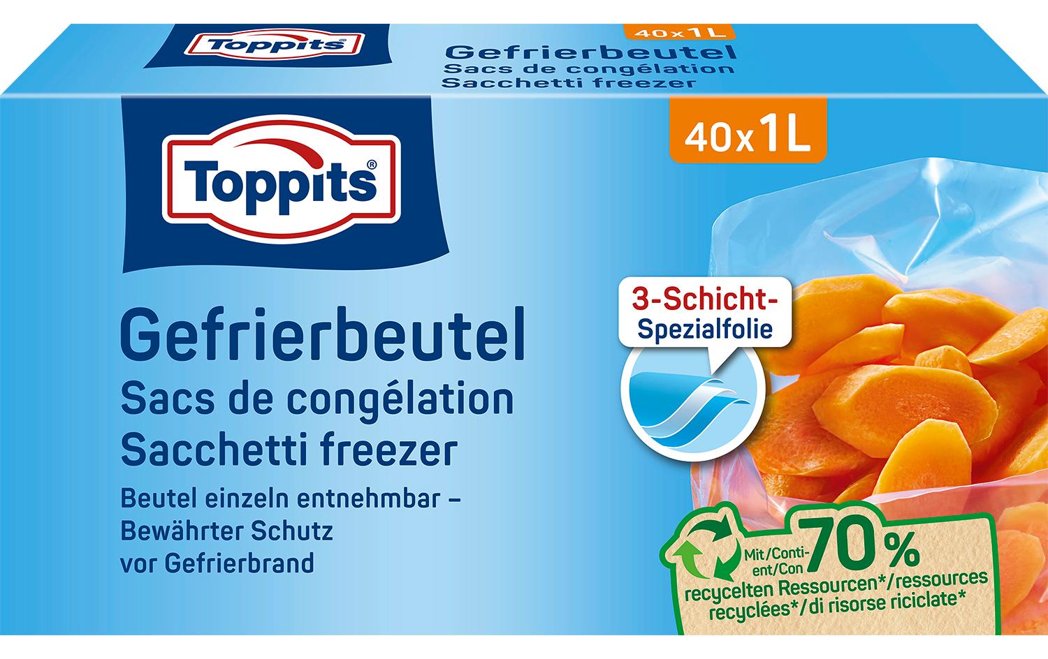 Toppits Gefrierbeutel 1 l, 19 × 20 cm, Polyethylen (PE), 40 Stk., durchscheinend