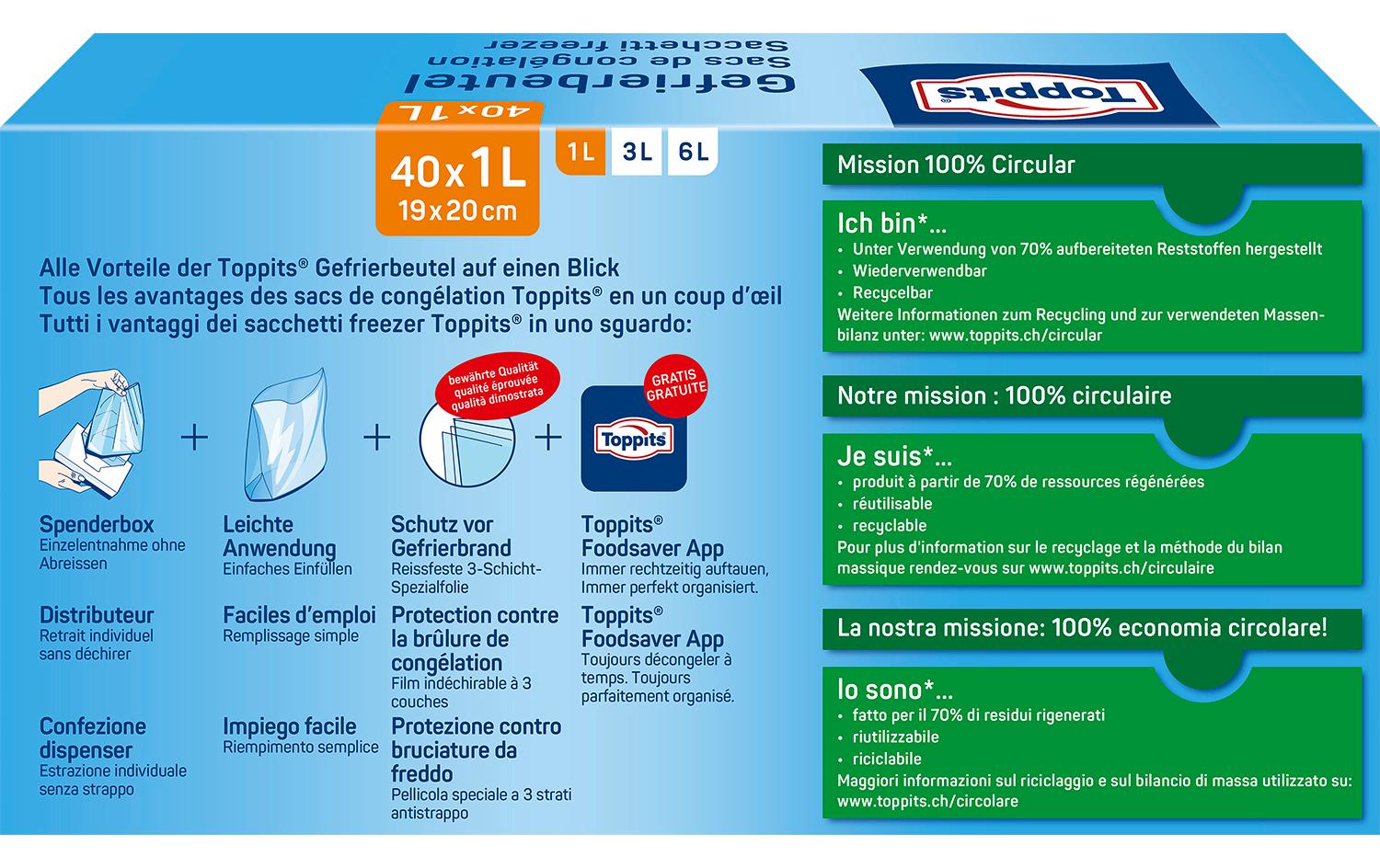 Toppits Gefrierbeutel 1 l, 19 × 20 cm, Polyethylen (PE), 40 Stk., durchscheinend