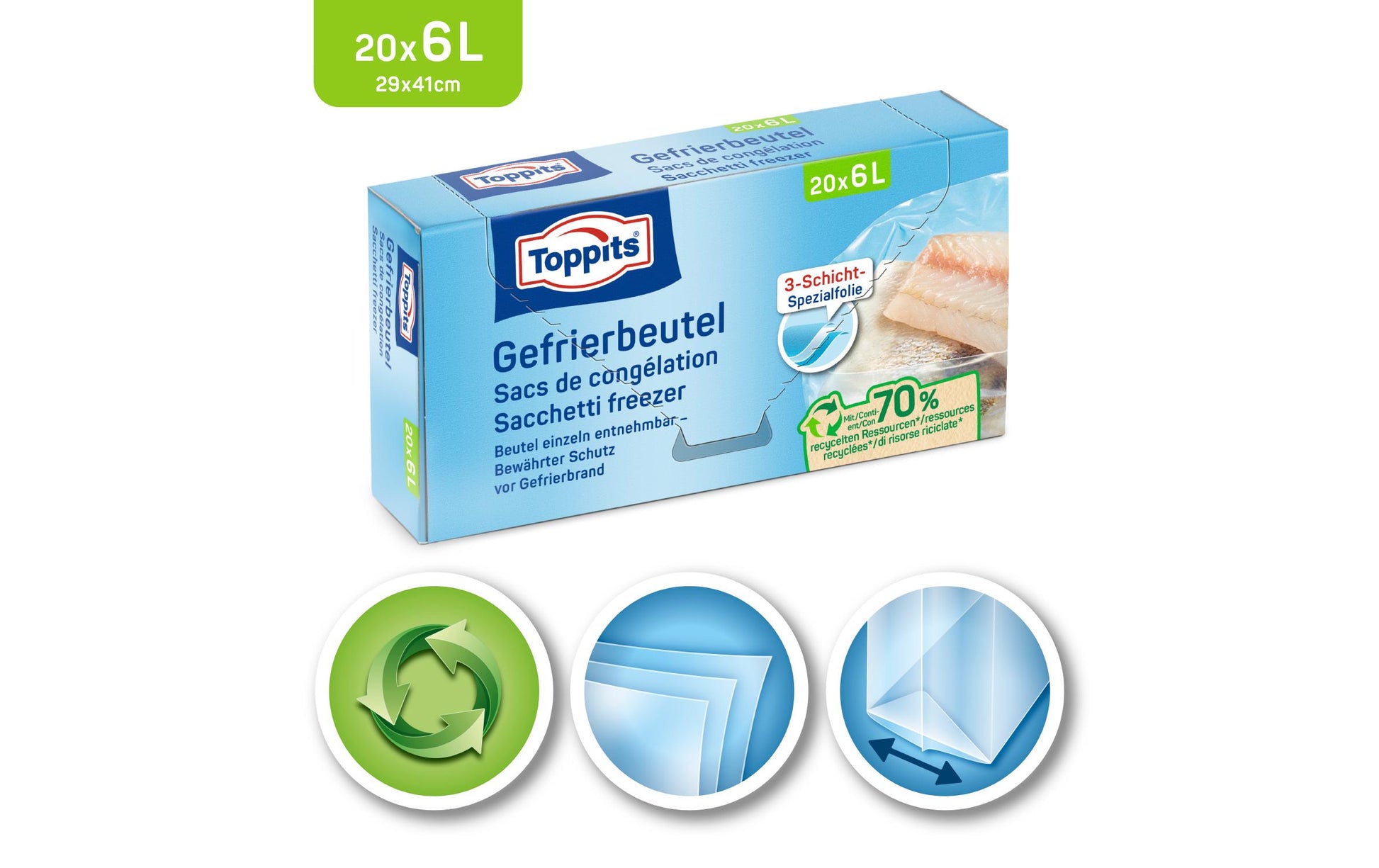 Toppits Gefrierbeutel 6 l, 29 × 41 cm, 20 Stk., Polyethylen (PE)