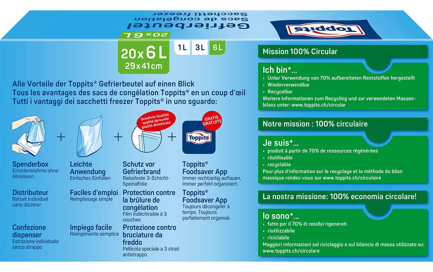 Toppits Gefrierbeutel 6 l, 29 × 41 cm, 20 Stk., Polyethylen (PE)