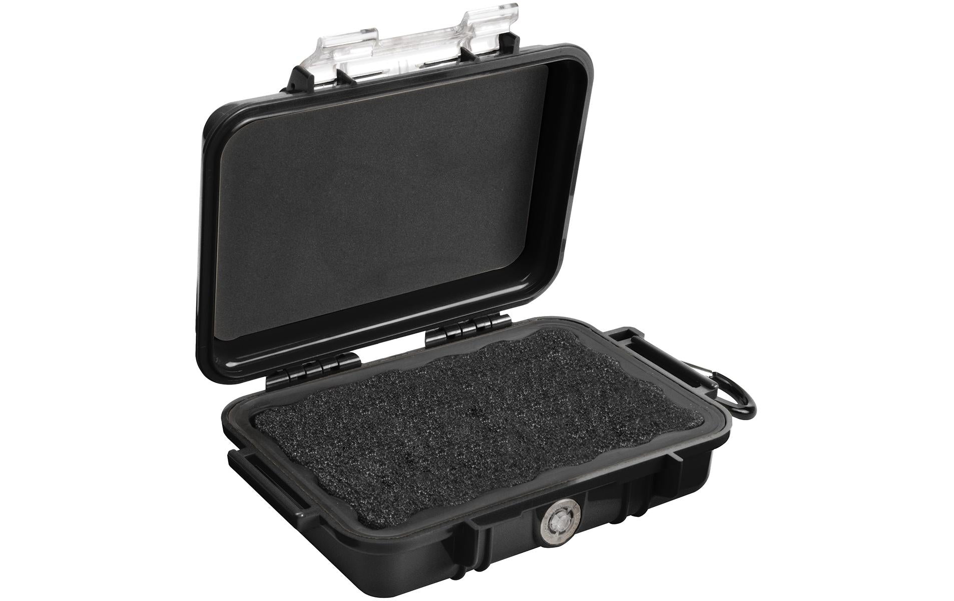 Peli Case 1020 Schutzkoffer 0,52 l – mit Karabinerhaken, staubgeschützt, schwarz, B 173 × H 54 × T 121 mm