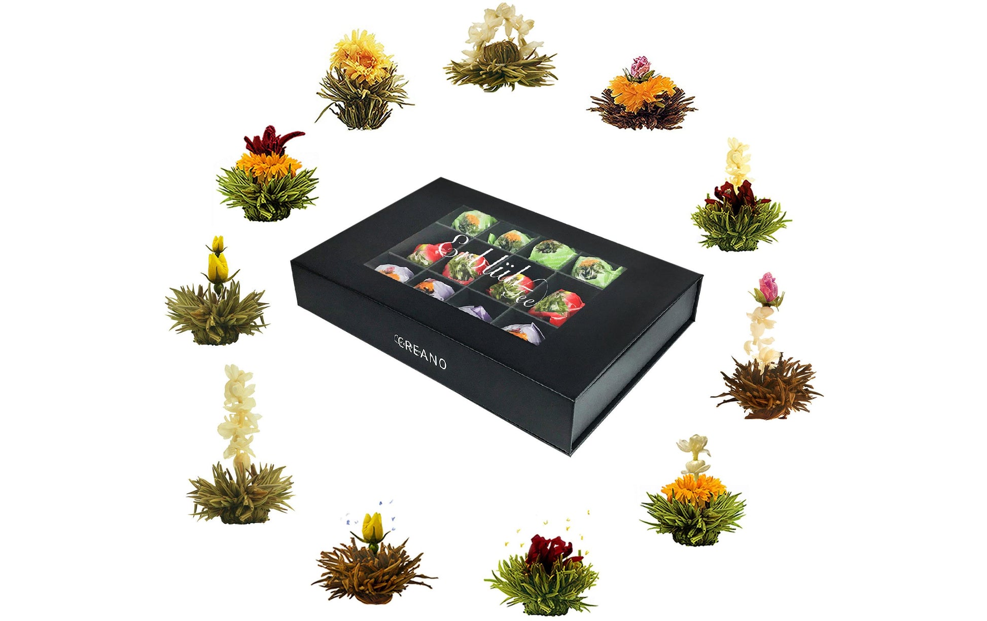 Creano Erblühtee Weiss-, Schwarz- & Grüntee – 18 Teeblumen – Magnetbox