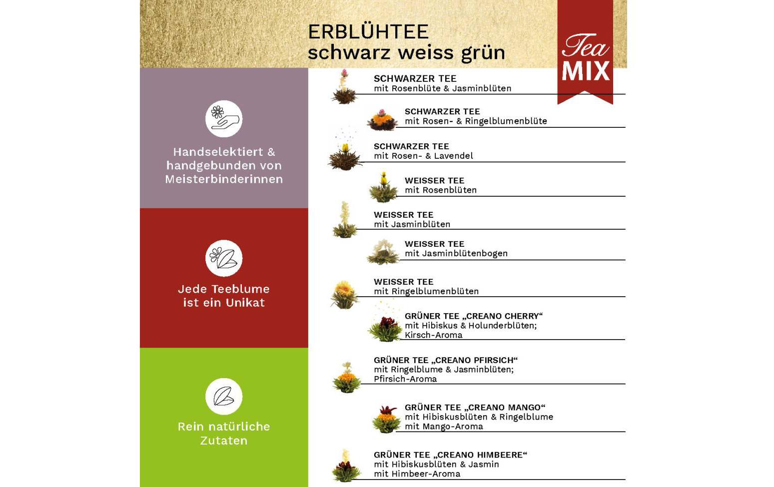 Creano Erblühtee Weiss-, Schwarz- & Grüntee – 18 Teeblumen – Magnetbox