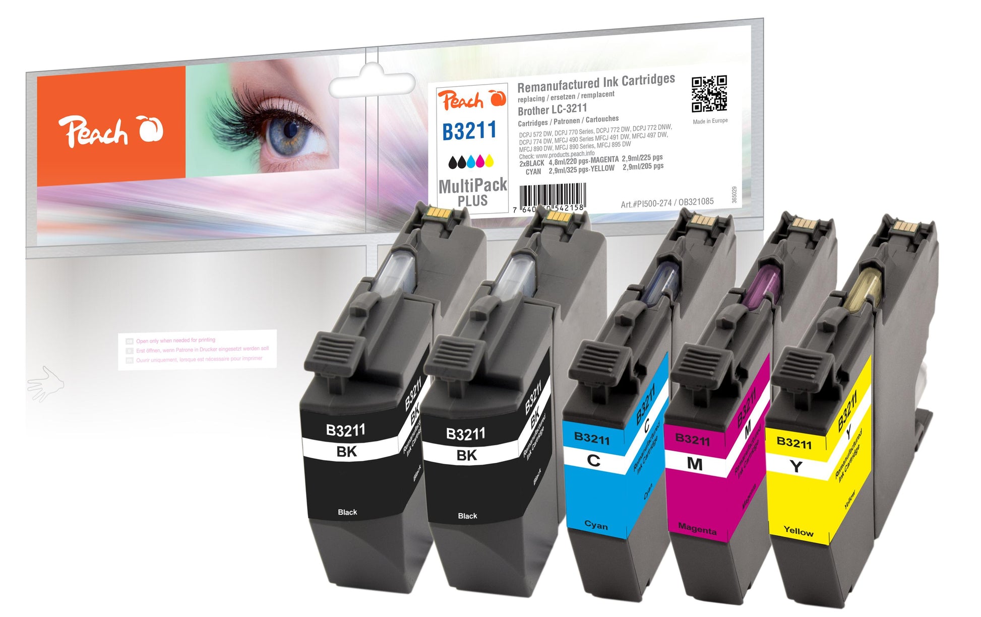 Peach LC-3211 Tintenpatronen-Multipack, Schwarz/Cyan/Magenta/Gelb (Kompatibel) – für Brother DCPJ/MFCJ-Modelle