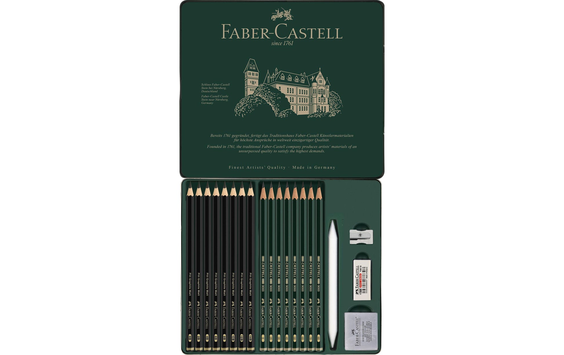 Faber-Castell Pitt Graphite Matt & Castell 9000 Graphit-Set, 14B–B, Metalletui – 20-teilig