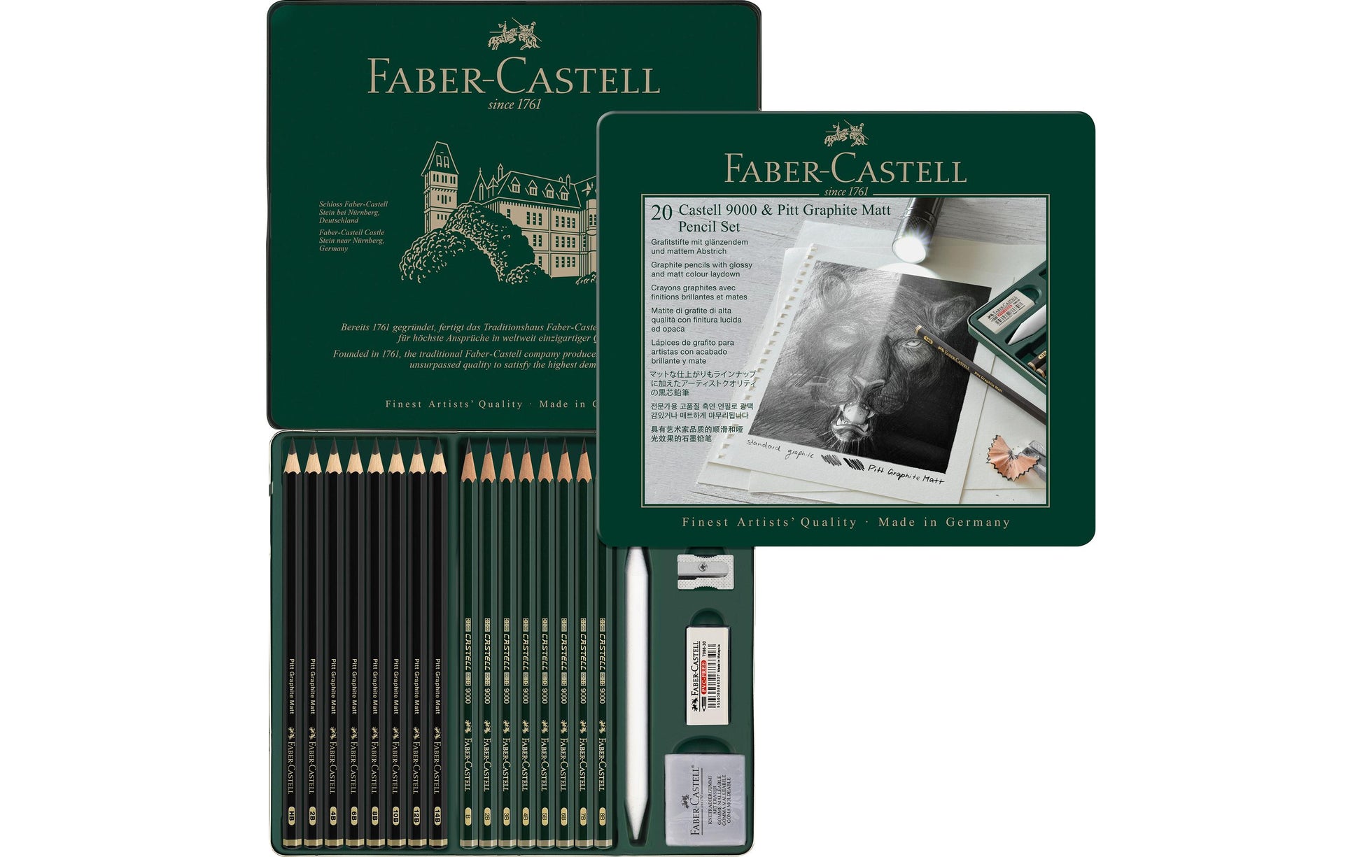 Faber-Castell Pitt Graphite Matt & Castell 9000 Graphit-Set, 14B–B, Metalletui – 20-teilig