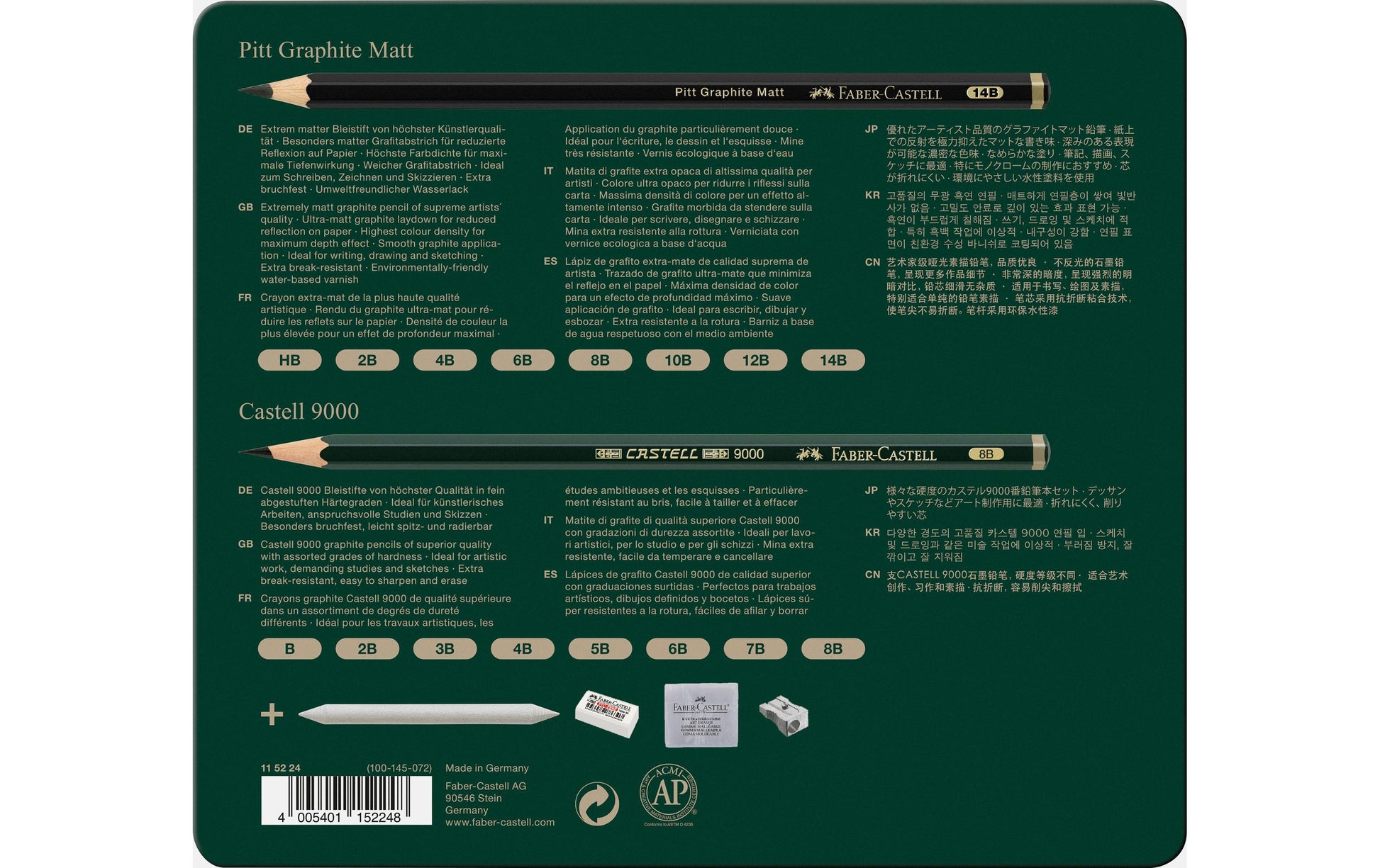 Faber-Castell Pitt Graphite Matt & Castell 9000 Graphit-Set, 14B–B, Metalletui – 20-teilig