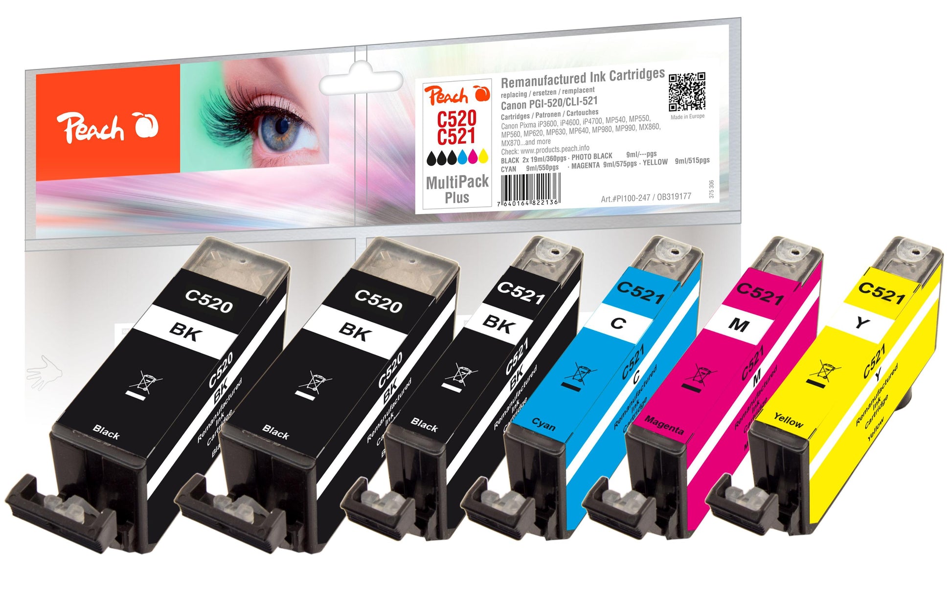 Peach PGI-520/CLI-521 Tintenpatronen-Multipack, 6er-Set (Kompatibel) – für Canon Pixma MP 630/640/980