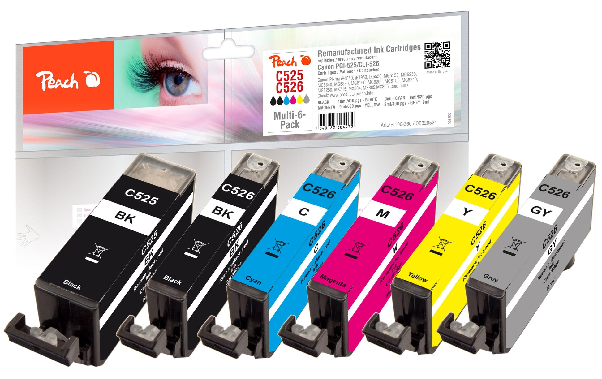 Peach Tintenpatronen-Multipack PGI-525/CLI-526 – für Canon Pixma IP 4850, MG 5140, MX 895 und andere