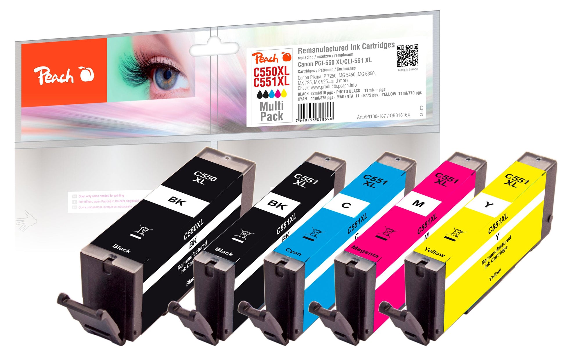 Peach PGI-550XL/CLI-551XL Tintenpatronen-Multipack, Schwarz/Cyan/Magenta/Gelb (Kompatibel)