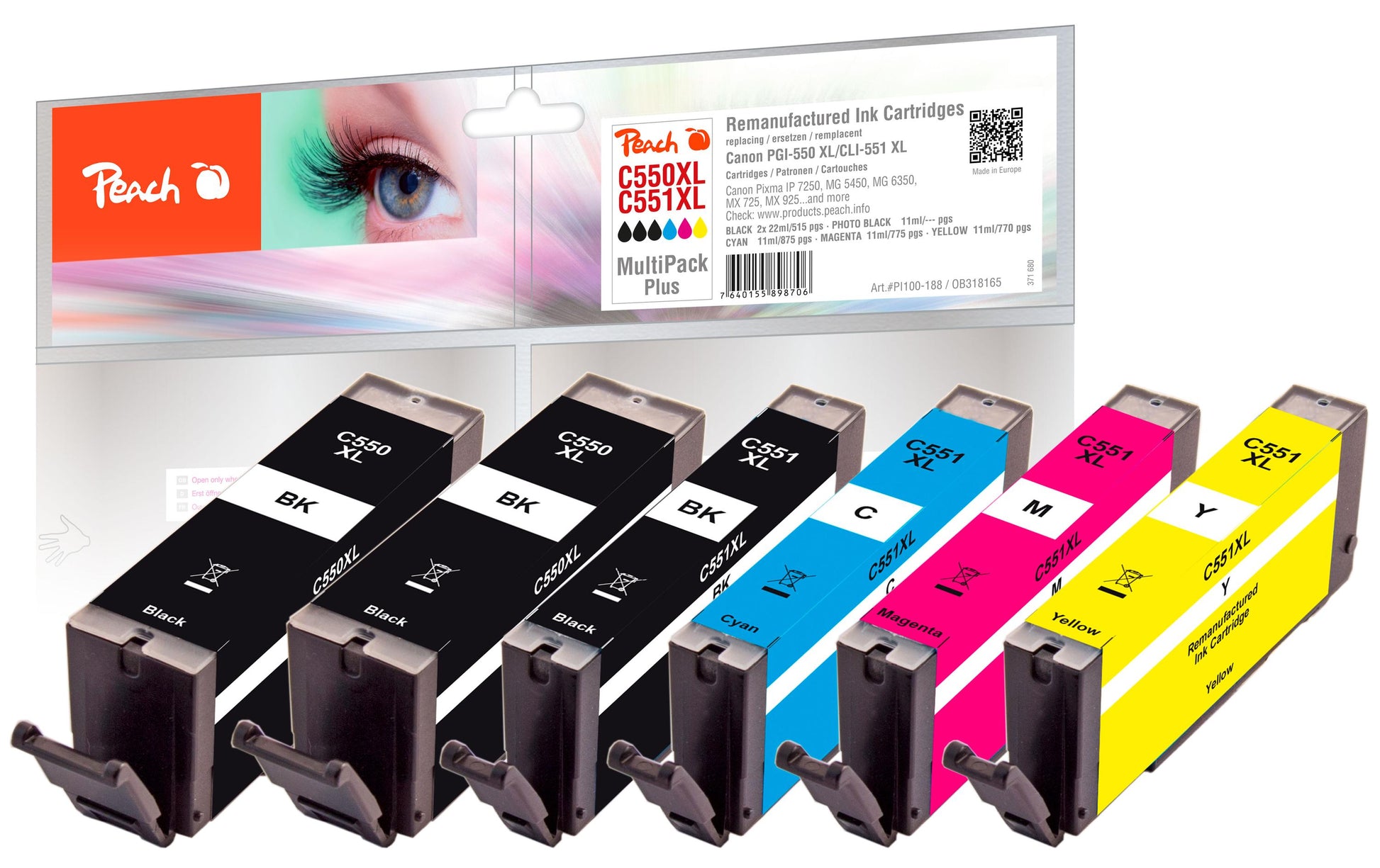 Peach Tintenpatronen-Multipack PGI-550XL/CLI-551XL, 6er-Pack, kompatibel – für Canon Pixma MG 7550 und andere