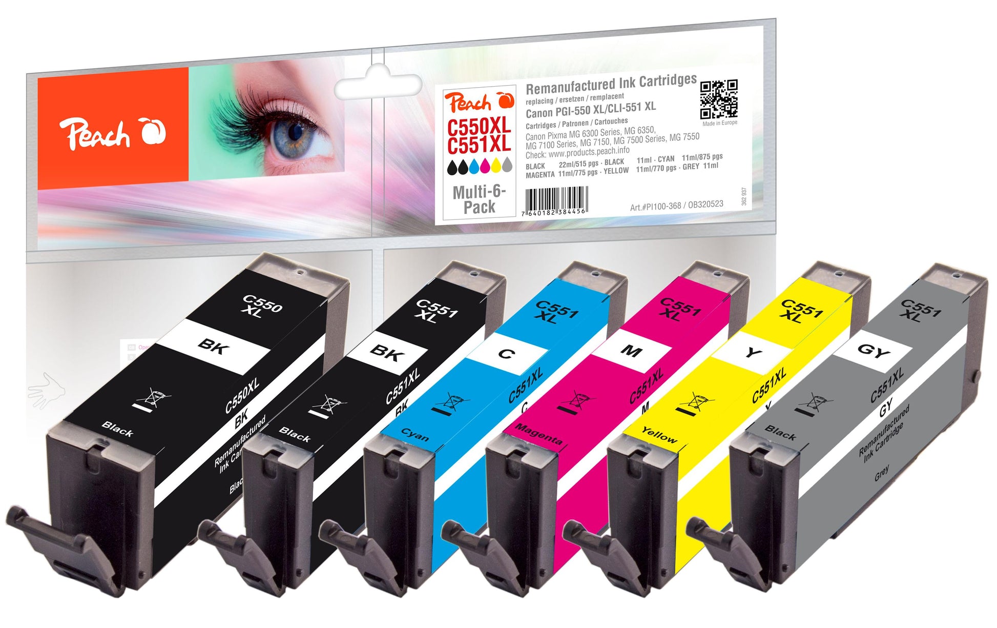Peach Tintenpatronen-Multipack 550XL/551XL, XL, 6er-Pack, kompatibel – für Canon Pixma MG 5650, MX-920 Serie