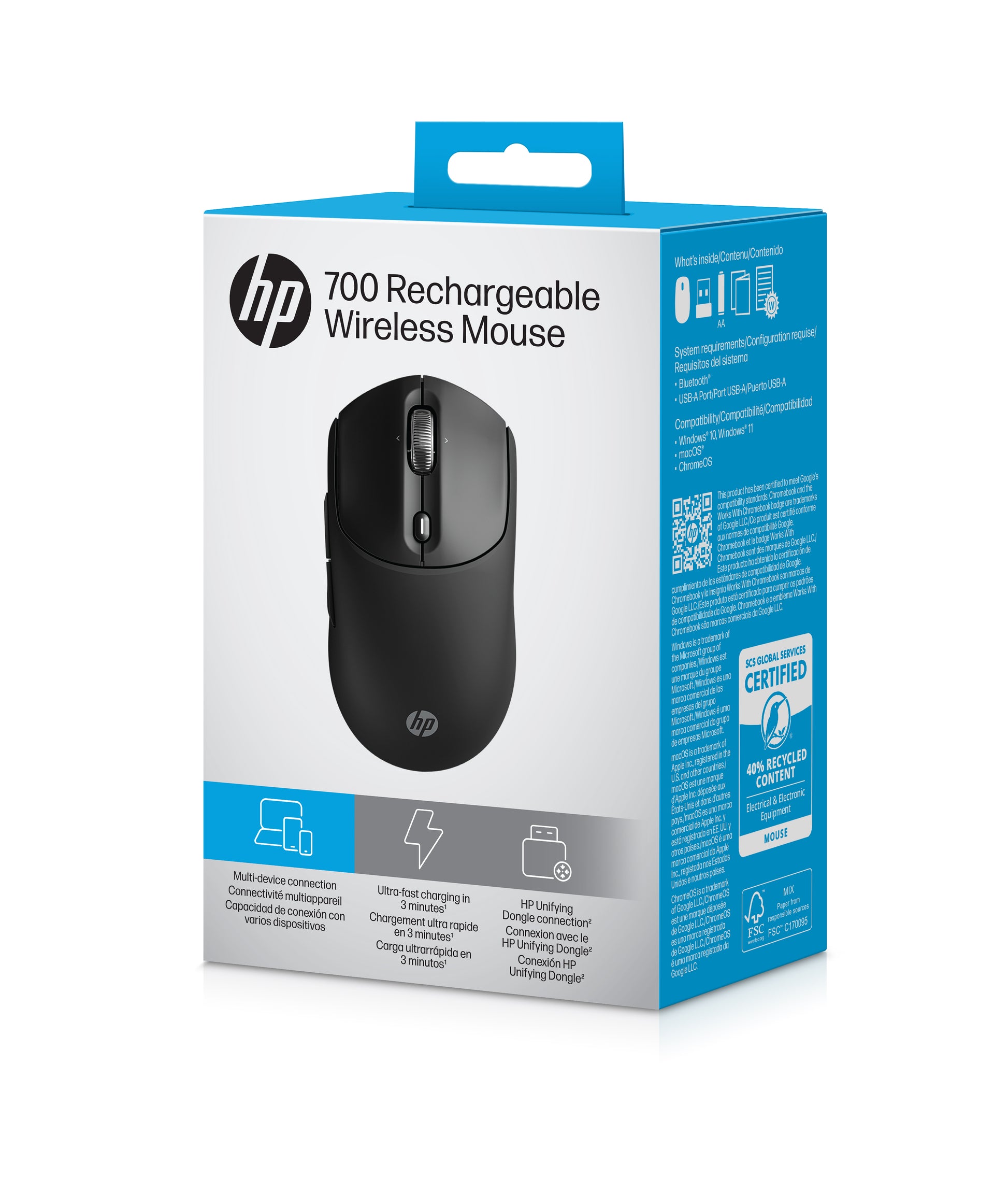 HP 700 Wiederaufladbare Wireless-Maus – Kabellos (Bluetooth/2,4 GHz), 6000 DPI, Beidhändig, Schwarz