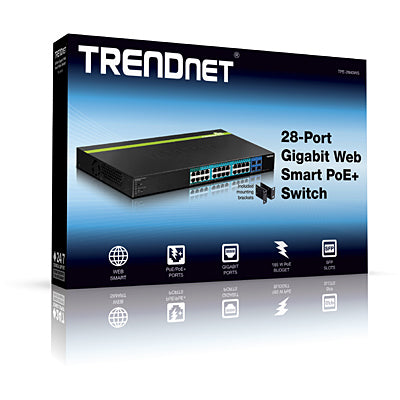 Trendnet TPE-2840WS – Smart Switch – 24× 1G, 4× SFP, PoE/PoE+, PoE-Budget 185 W, 19", 1U