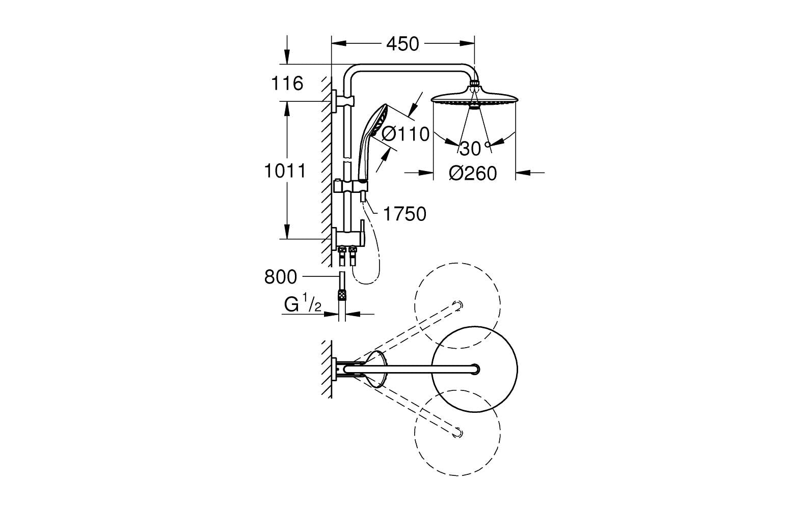 GROHE Duschsystem Euphoria – 45 cm Säulenlänge, Messing/Chrom, Wandmontiert
