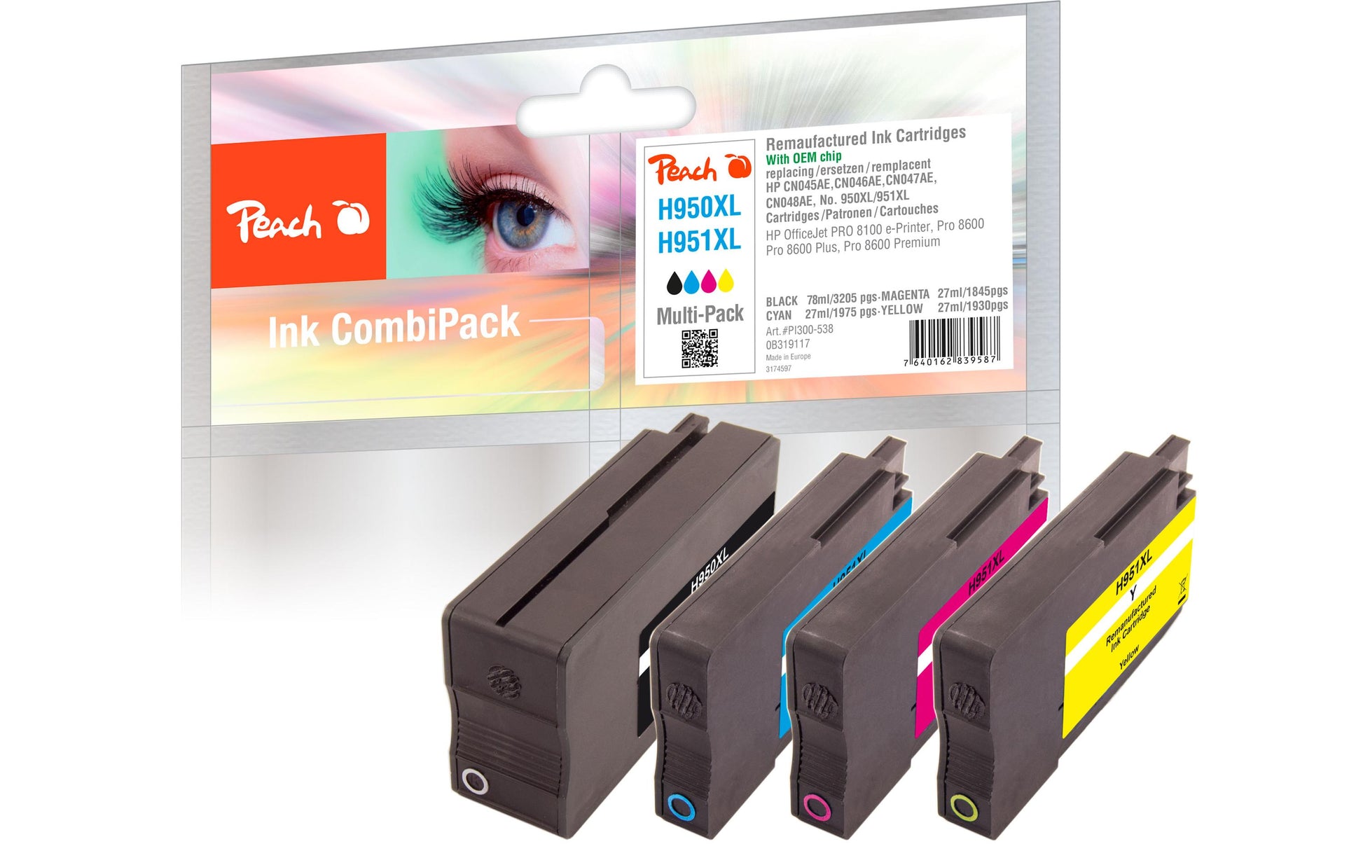 Peach Tintenpatronen-Multipack 950XL/951XL, 4er-Pack, kompatibel – für HP OfficeJet Pro 251/276/8100 und andere