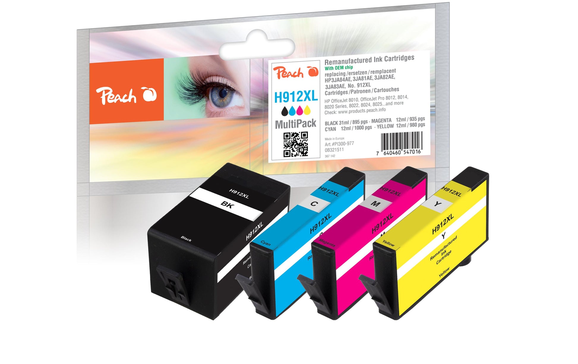 Peach Tintenpatronen-Multipack 912XL (3YP34AE), CMYK, XL, 4er-Pack, kompatibel – für HP OfficeJet 8010