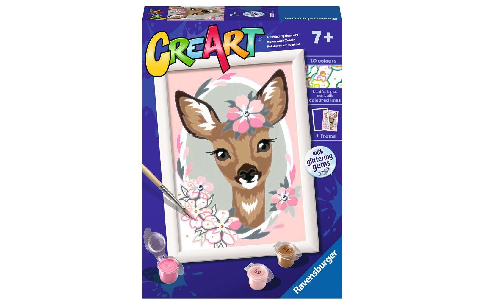 Ravensburger Serie E – Malen-nach-Zahlen-Set – Reh (Delightful Deer) – 13 × 18 cm – 10 Acrylfarben – ab 7 Jahre