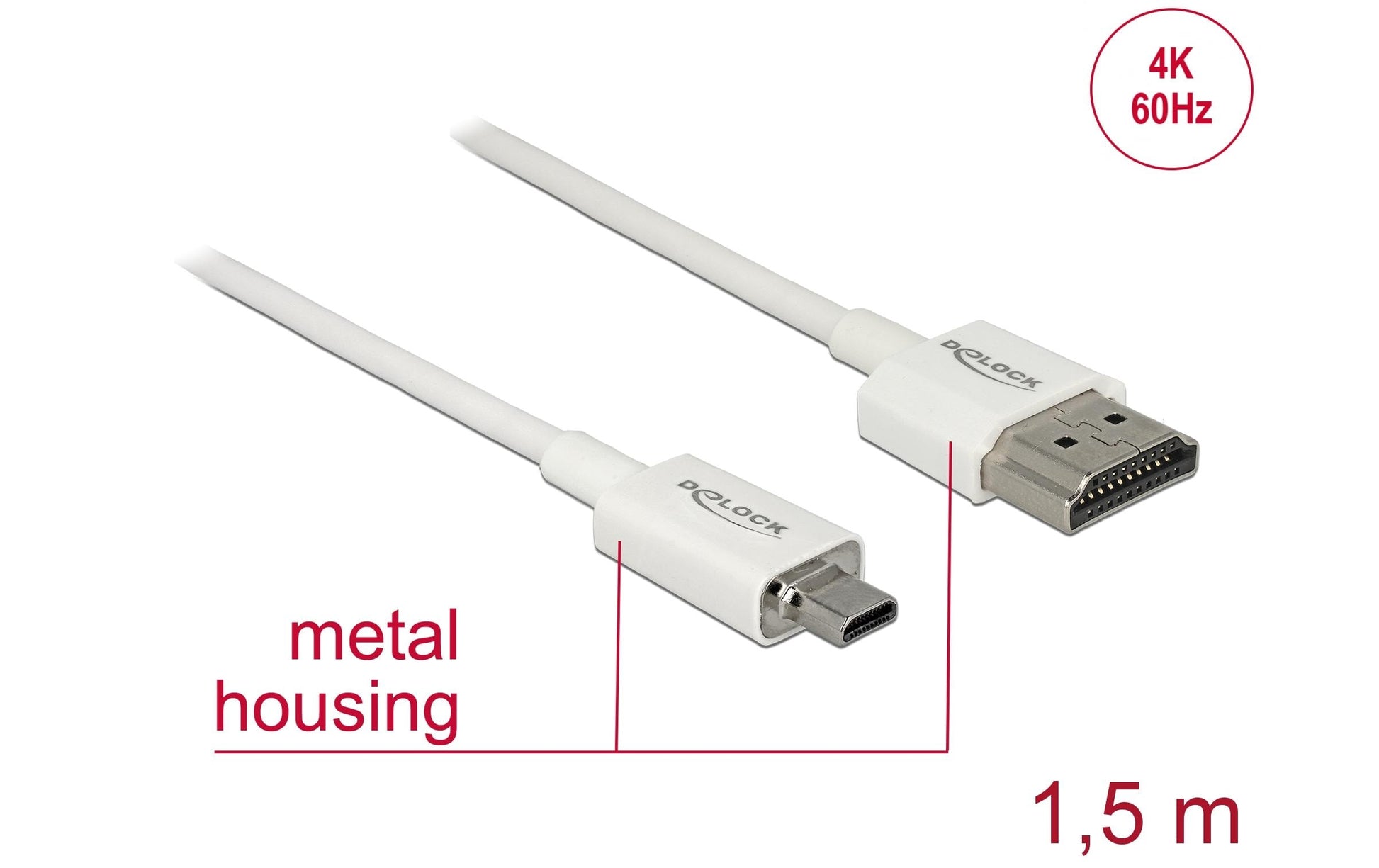 DeLOCK Micro-HDMI auf HDMI Kabel HDMI 2.0 4K 60 Hz – 1,5 m – ARC, Ethernet – Weiss