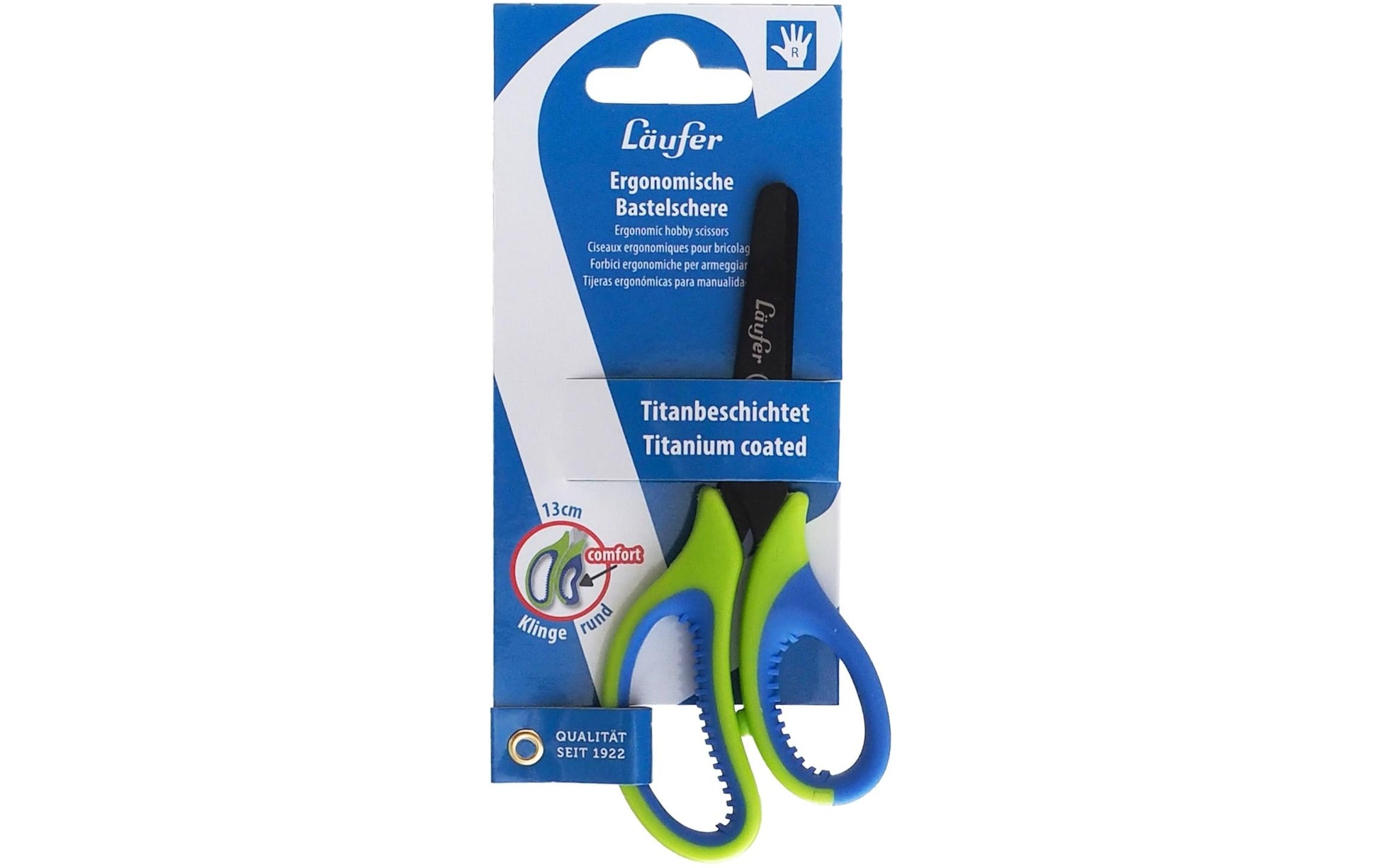 Laufer Kinderschere – titanbeschichtet, für Rechtshänder, abgerundete Spitzen, Kunststoffgriffe, grün/blau