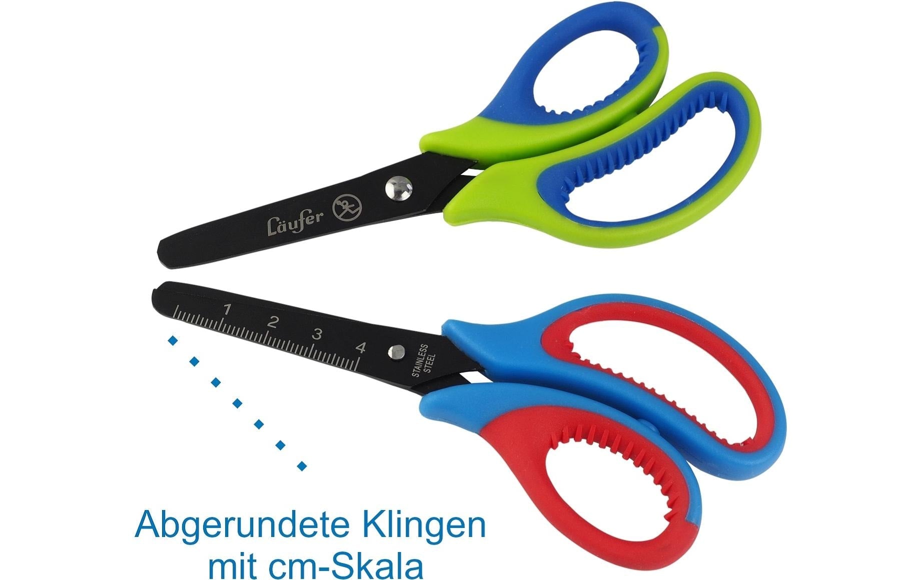 Laufer Kinderschere – titanbeschichtet, für Rechtshänder, abgerundete Spitzen, Kunststoffgriffe, grün/blau