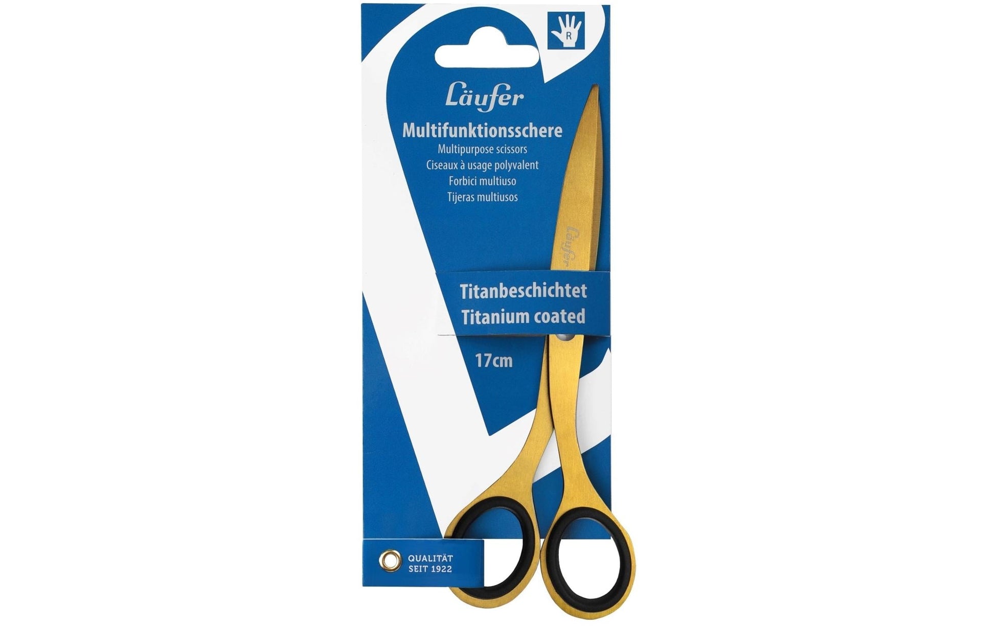 Laufer Universalschere – 17,0 cm, titanbeschichtet, spitz, Gummi, gold