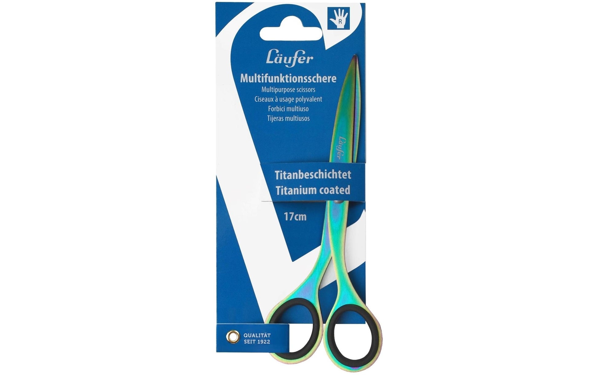 Laufer Universalschere – 17,0 cm, titanbeschichtet, für Rechtshänder, spitz, Gummigriffe, mehrfarbig