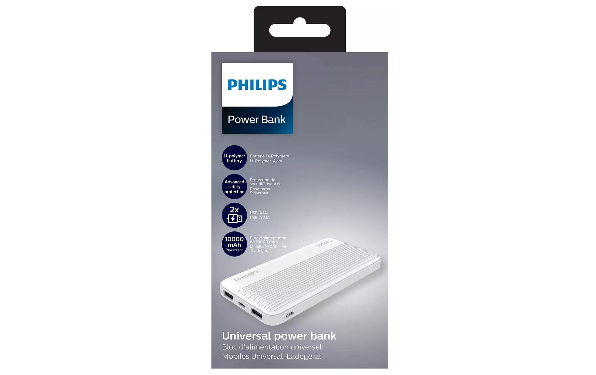 Philips Powerbank 10'000 mAh – 1× USB-C, 2× USB-A, weiss