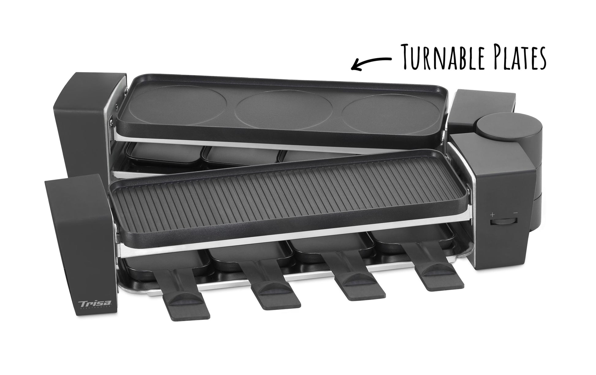 Trisa Raclette & Brunch – 8 Personen, 1200 W, Teflonbeschichtet, 8 Pfännchen – schwarz