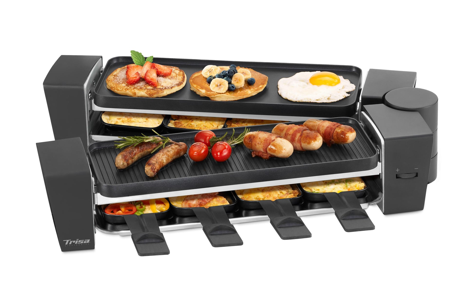 Trisa Raclette & Brunch – 8 Personen, 1200 W, Teflonbeschichtet, 8 Pfännchen – schwarz