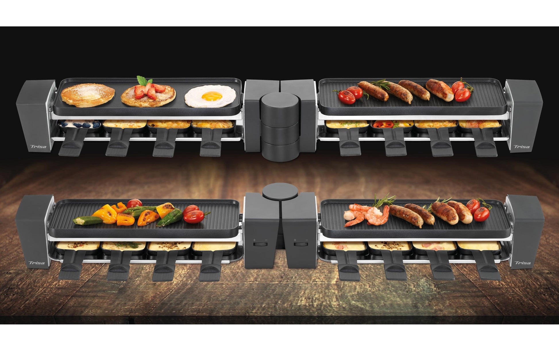 Trisa Raclette & Brunch – 8 Personen, 1200 W, Teflonbeschichtet, 8 Pfännchen – schwarz