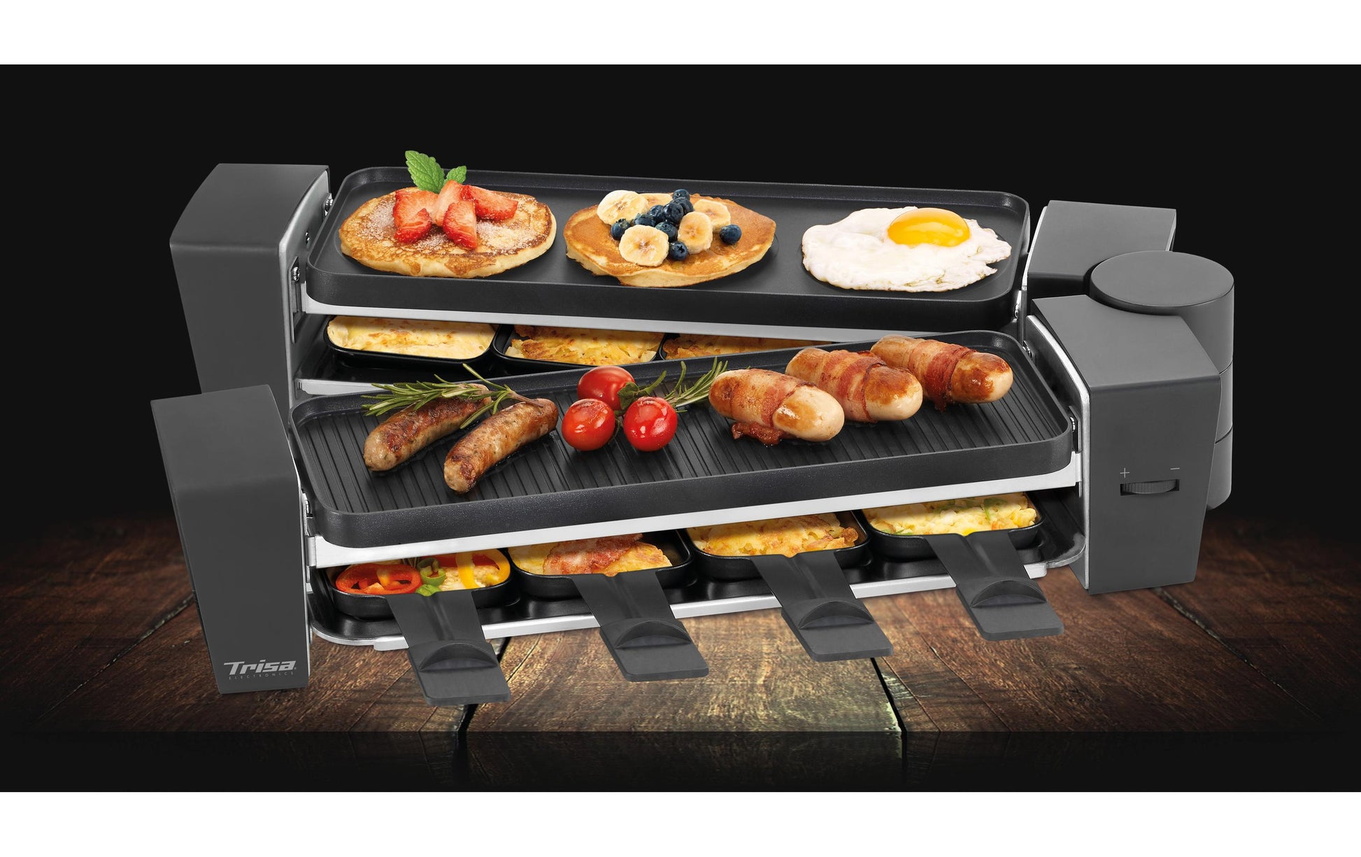 Trisa Raclette & Brunch – 8 Personen, 1200 W, Teflonbeschichtet, 8 Pfännchen – schwarz