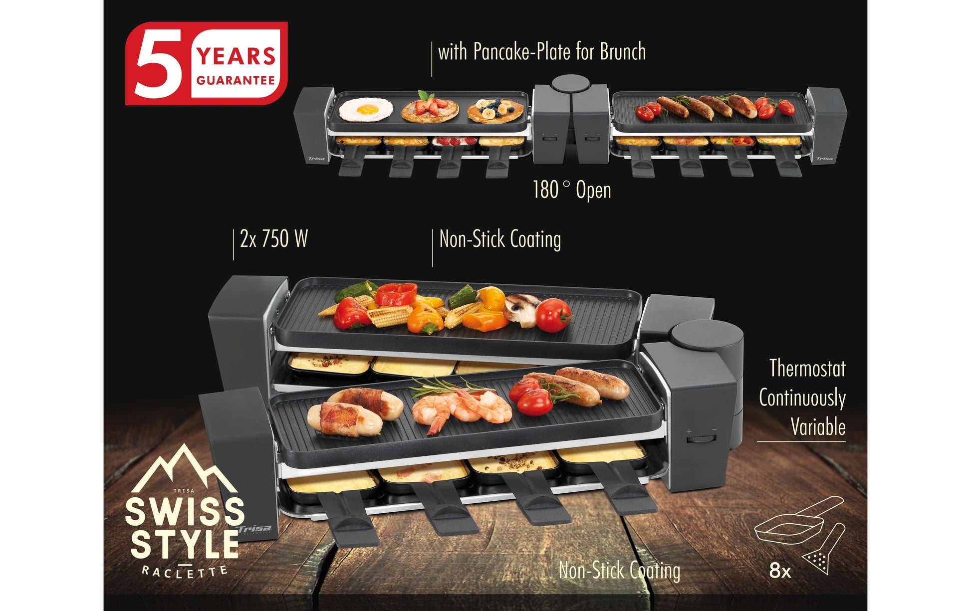 Trisa Raclette & Brunch – 8 Personen, 1200 W, Teflonbeschichtet, 8 Pfännchen – schwarz