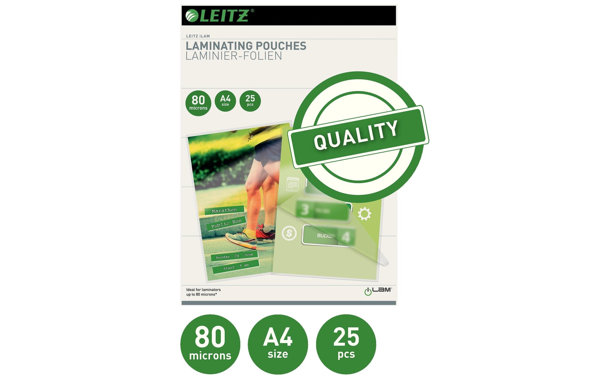 Leitz Laminierfolien A4, glänzend – 80 µm, 216 × 303 mm, 25 Stk.