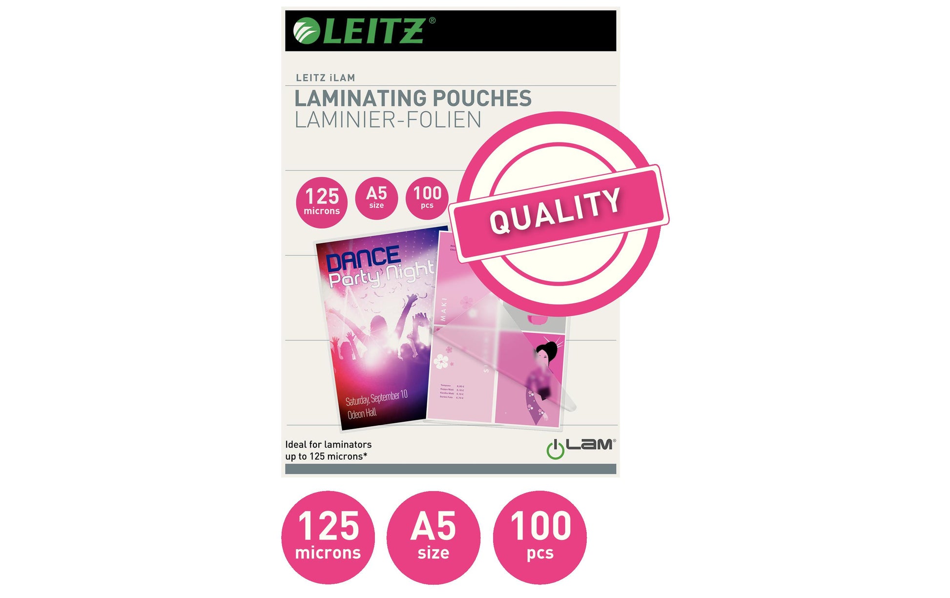 Leitz Laminierfolien A5, glänzend – 125 µm, 153 × 216 mm, 100 Stk.