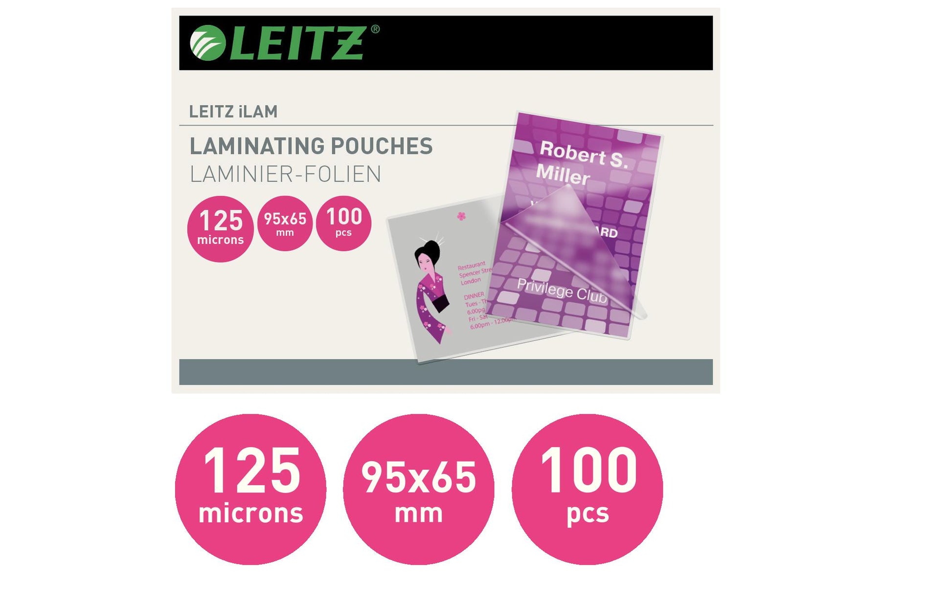 Leitz iLAM Laminierfolien 65 × 95 mm – 125 µm, glänzend, 100 Stück