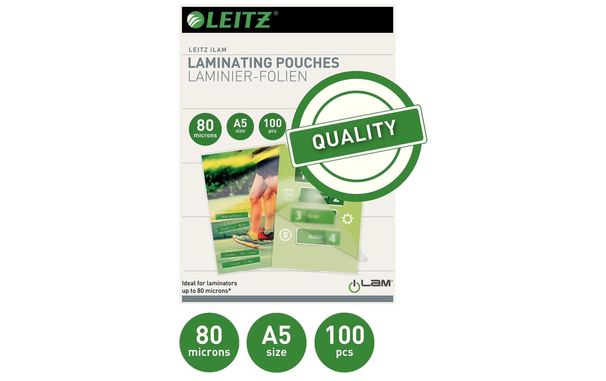 Leitz Laminierfolien A5, glänzend – 80 µm, 153 × 216 mm, 100 Stk.