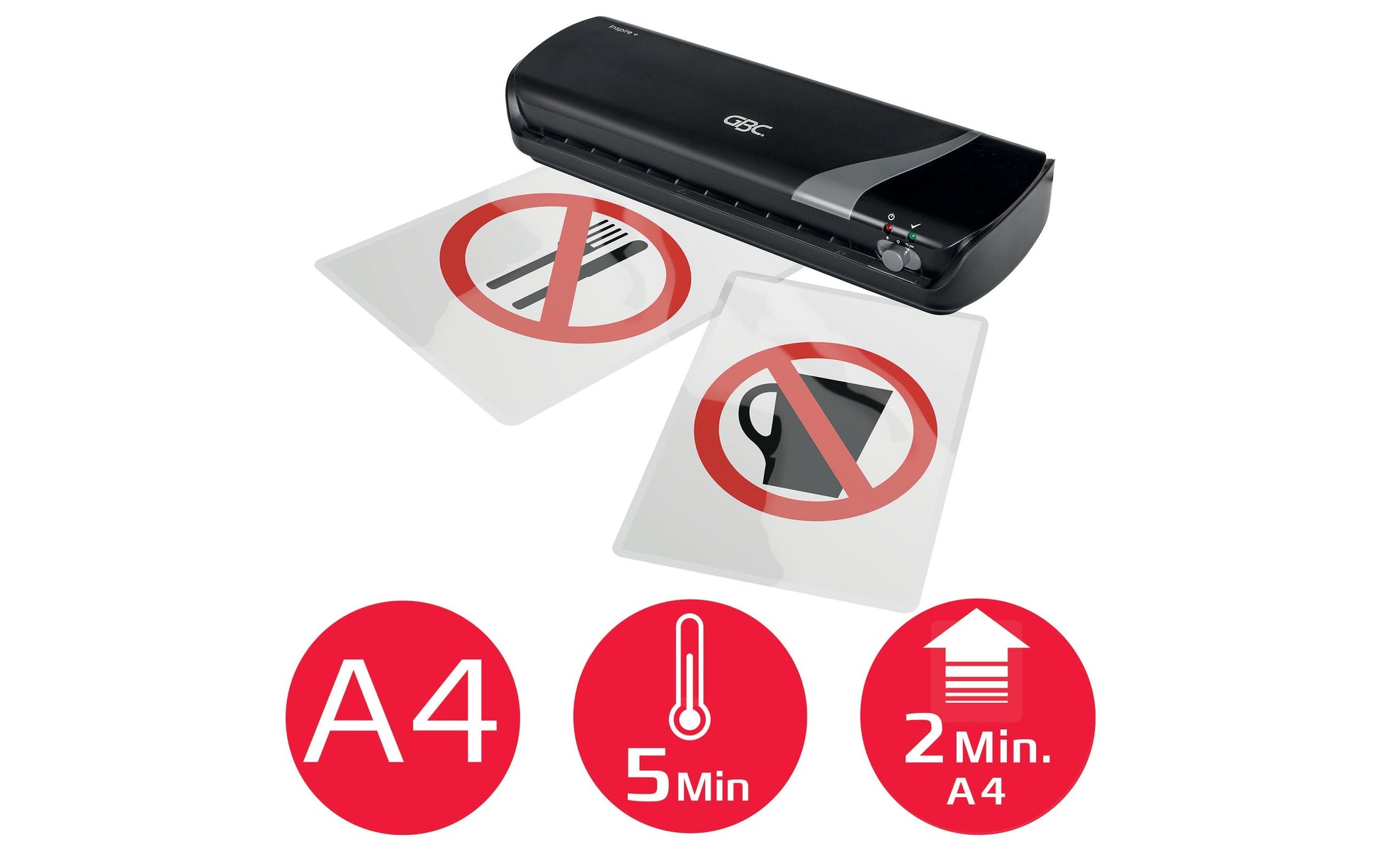 GBC Inspire+ Laminiergerät A4 – 2 Rollen, 75–125 µm, Kaltlamination, Aufheizzeit 4 Min., 250 mm/min, Schwarz