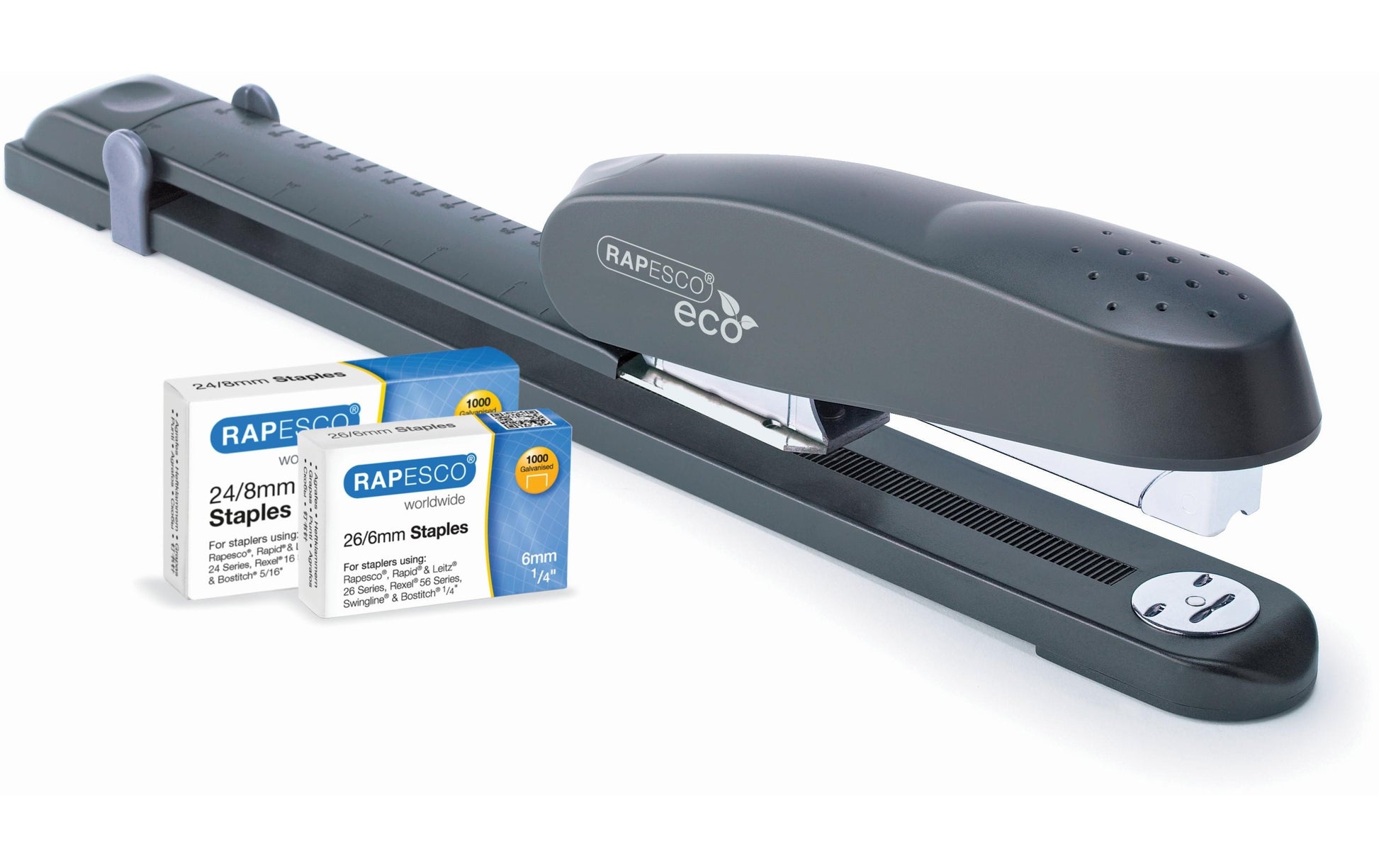 Rapesco ECO 1480 Blockheftgerät – 50 Blatt, für 24/6, 24/8, 26/6 und weitere, Ausladung 26 mm, Anthrazit