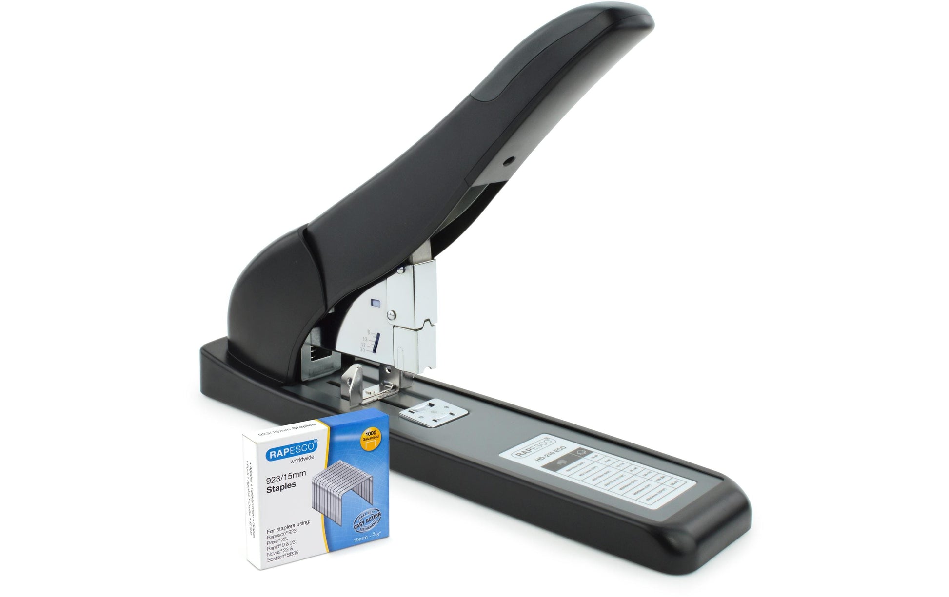 Rapesco ECO HD-210 – Blockhefter, 210 Blatt, Frontlademechanik, Einlegetiefe 67 mm, Schwarz