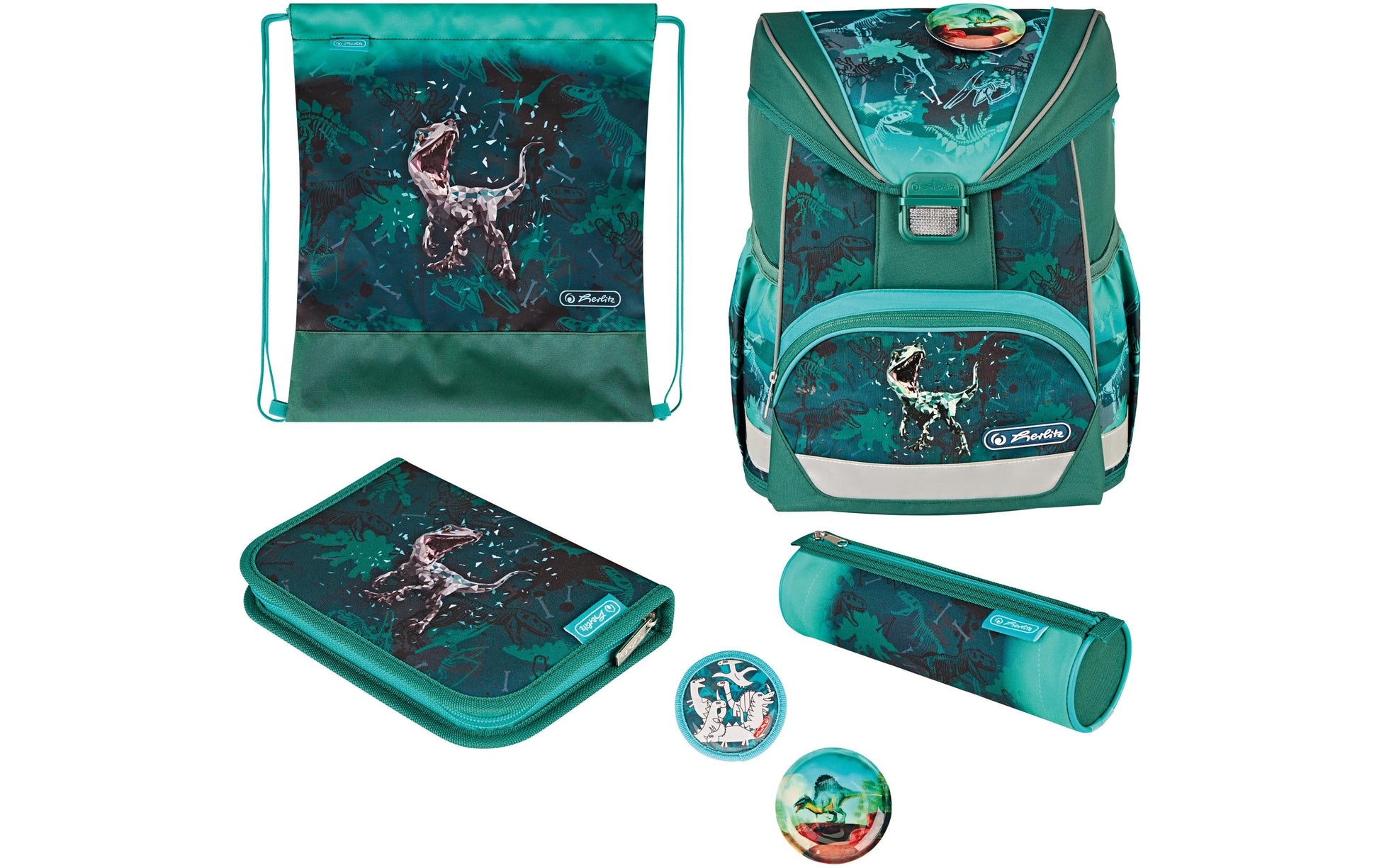 Herlitz UltraLight Plus – Schulrucksack-Set 4-teilig, Green Rex, 15 l, 28×36×21 cm