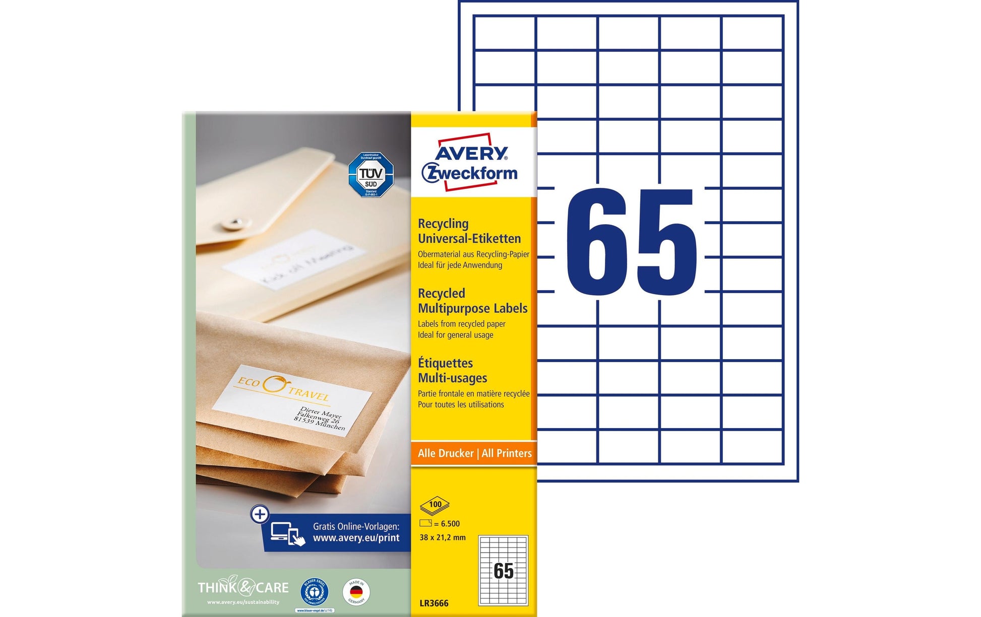 Avery Zweckform Haftetiketten – rechteckig 38 × 21,2 mm, stark haftend, weiss, A4, 100 Blatt (6'500 Stk.)