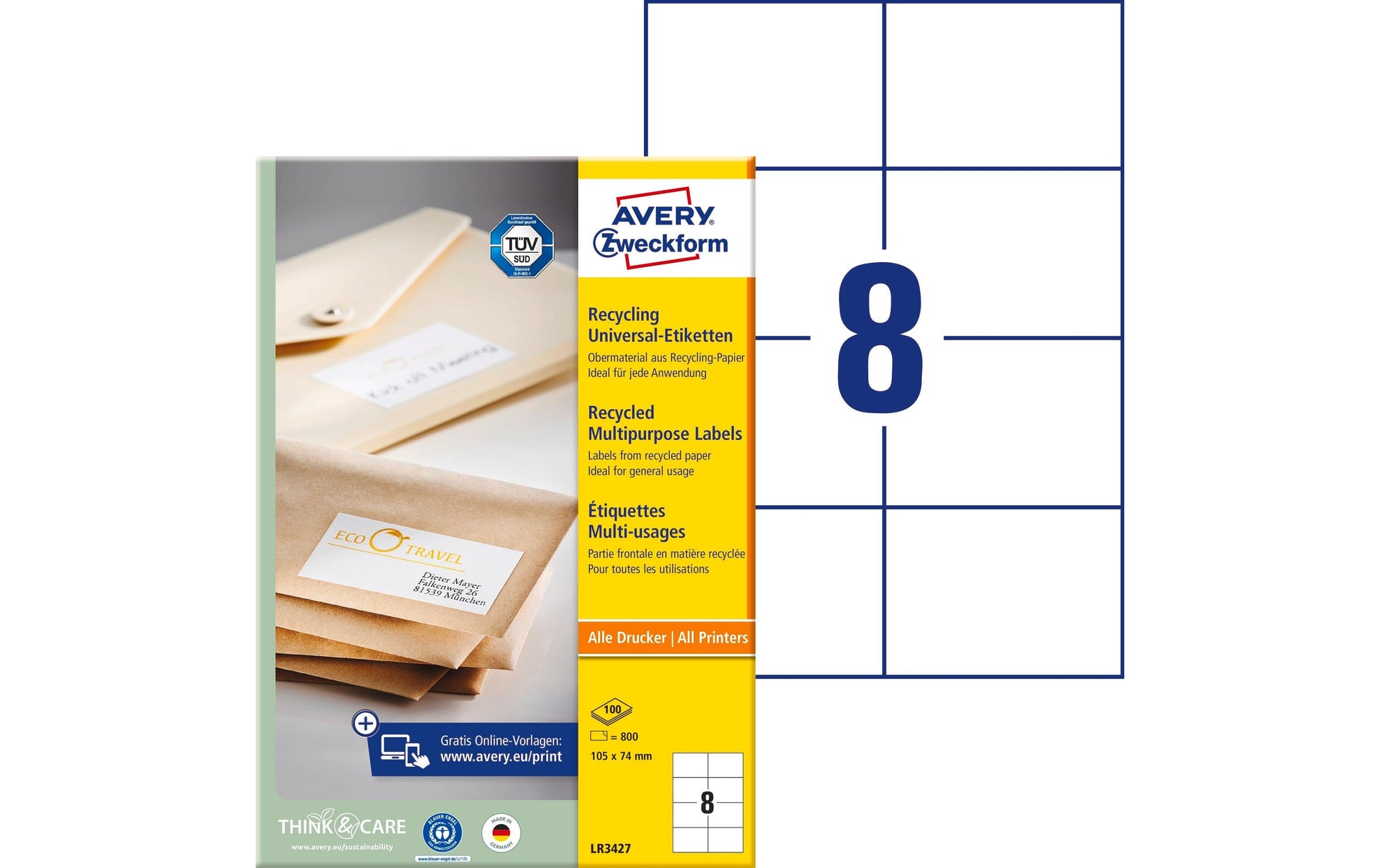 Avery Zweckform – Etiketten A4 105 × 74 mm – Papier, weiss – permanent haftend – 100 Blätter (800 Stk.)