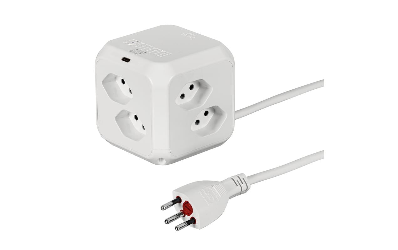 Steffen Steckdosenleiste Cube – 1,50 m, Kunststoff, Weiss, 8× T13, 1× USB-C PD 18 W, Überspannungsschutz