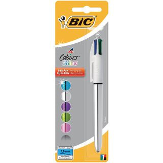 BIC 4 Colours Shine Multifunktions-Kugelschreiber – 4 Farben (Schwarz, Blau, Grün), Druck, Kunststoff, Weiss