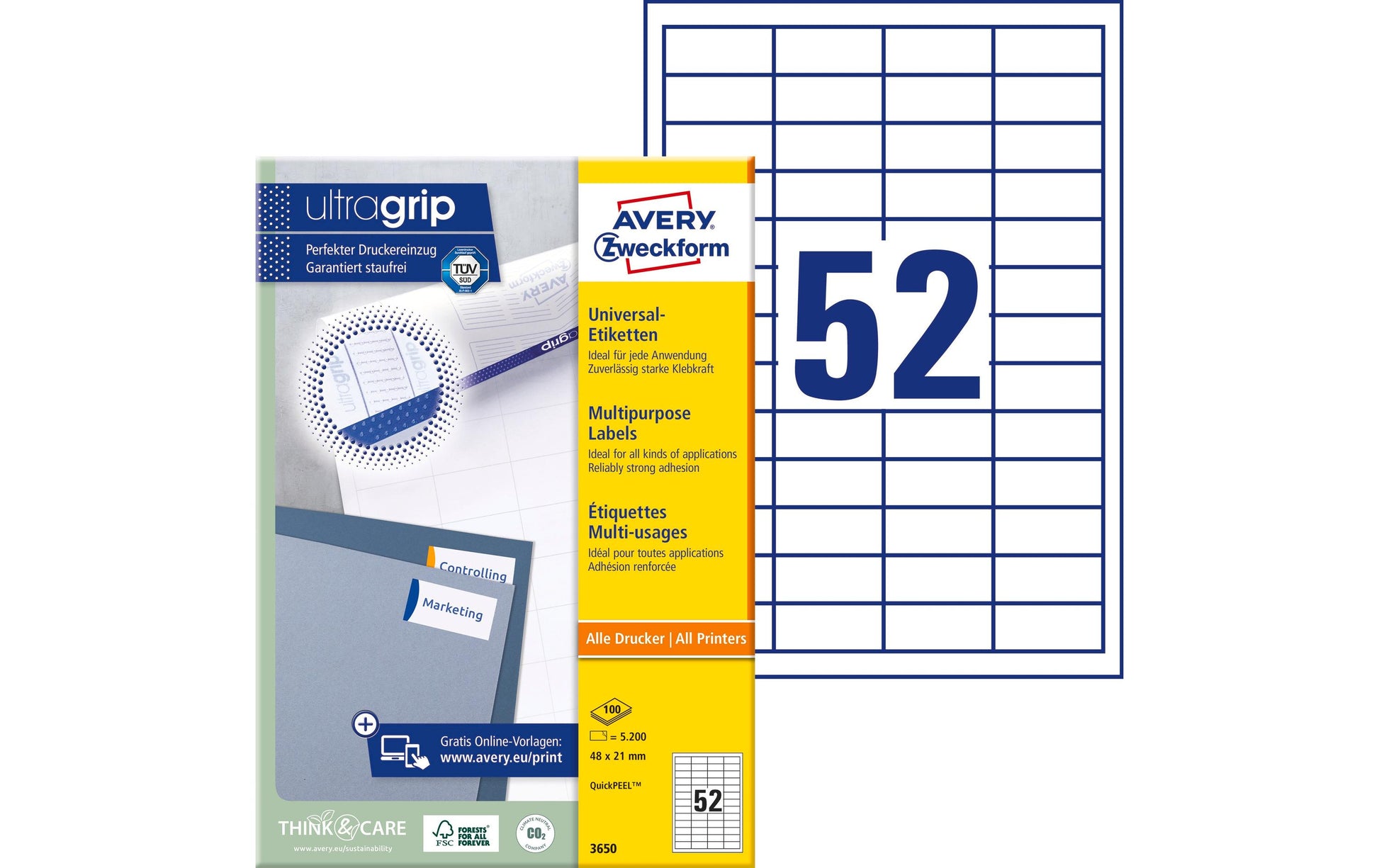 AVERY ZWECKFORM Schuletiketten – 48×21 mm, 5200 Stk, 100 Bogen, Papier, permanent haftend