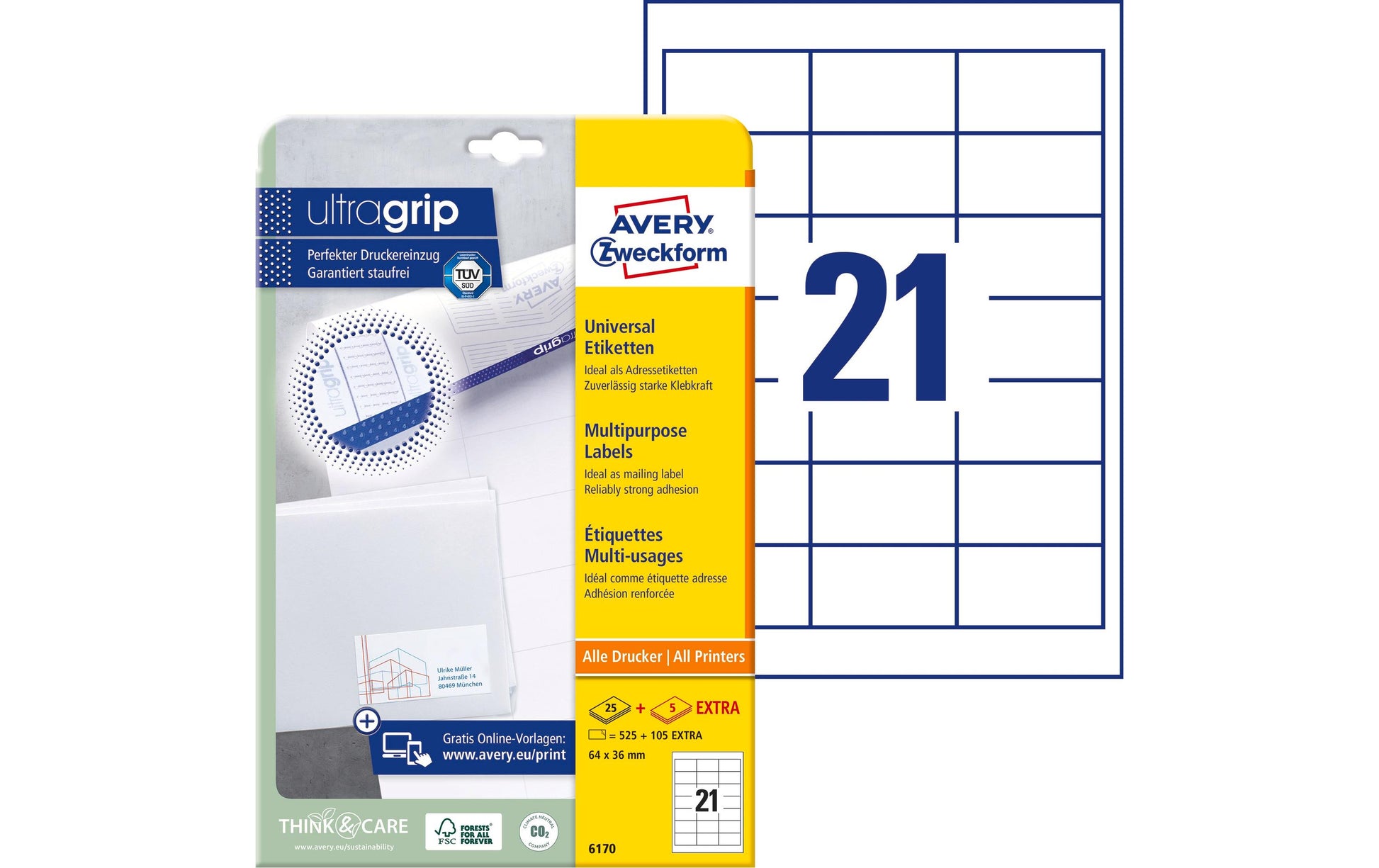 Avery 6170 – Etiketten A4 64 × 36 mm – Papier, weiss – permanent haftend – 21 pro Blatt, 25 Blätter (525 Stk.)