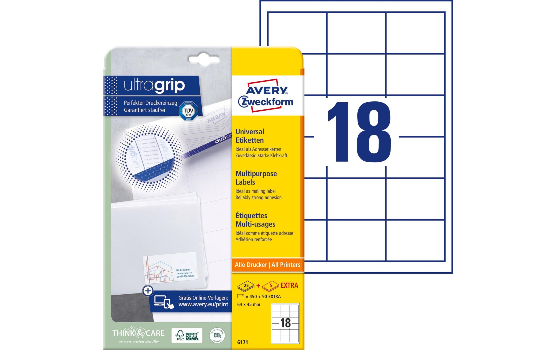 AVERY Zweckform 6171 – Etiketten A4 64 × 45 mm – Papier, weiss – Laser/Inkjet – 18 pro Blatt, 28 Blätter