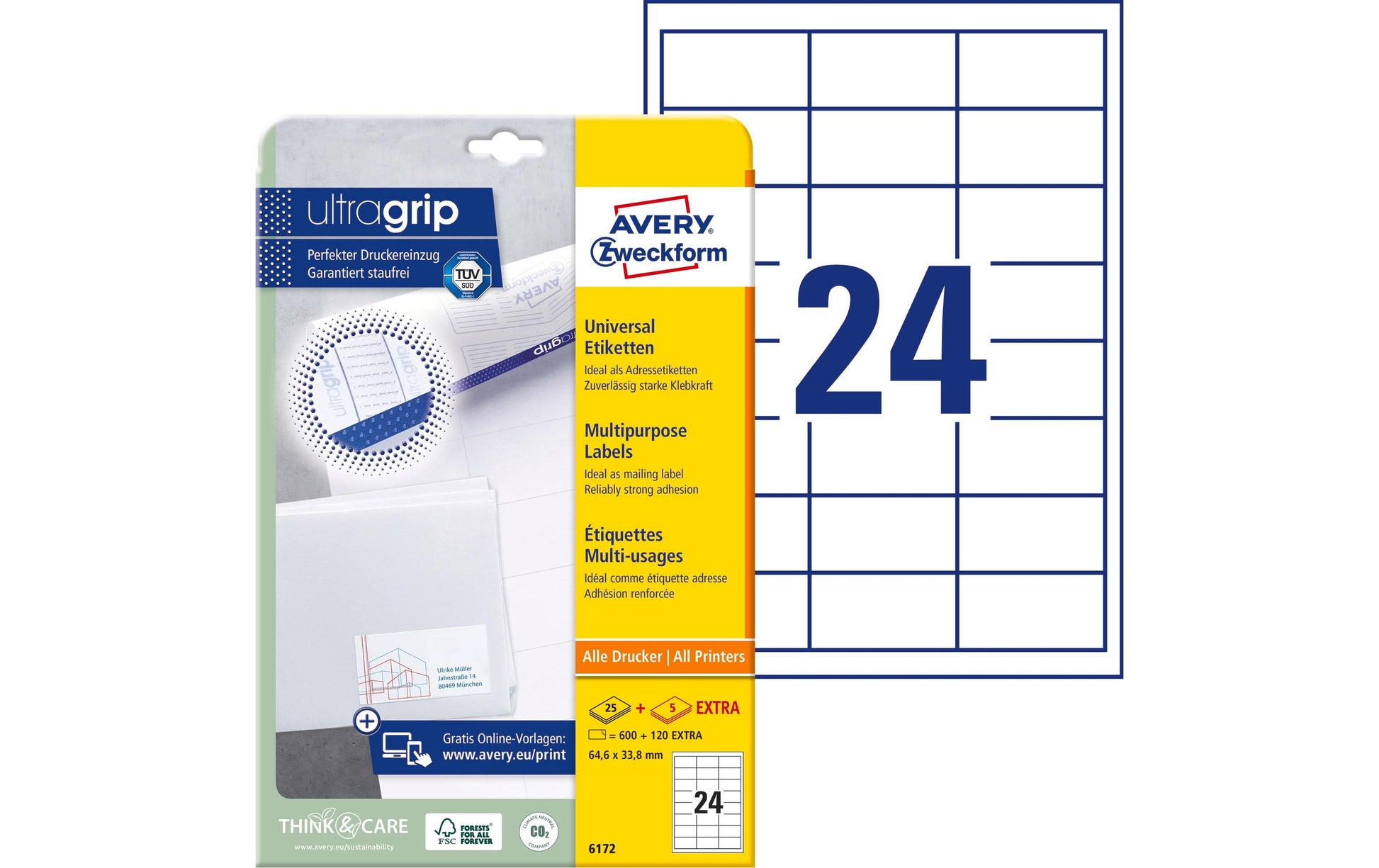 Avery Etiketten A4 65 × 34 mm – Papier, weiss – permanent haftend – 24 pro Blatt, 25 Blätter (600 Stk.)